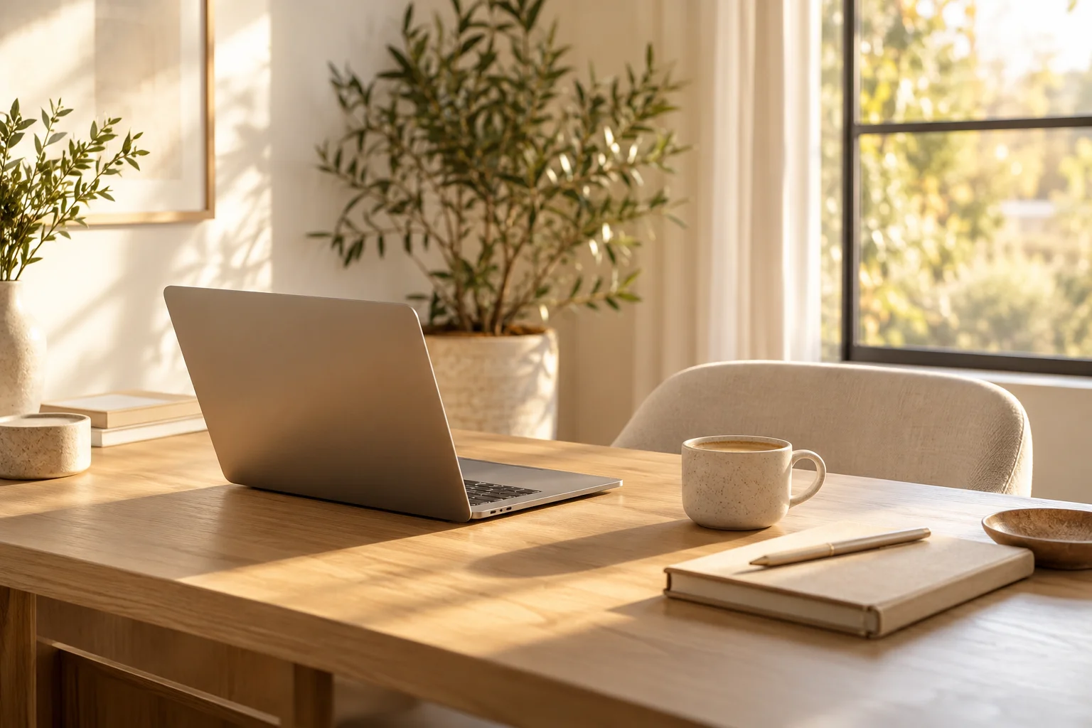 Warm workspace with laptop and coffee
