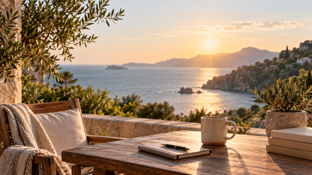 Quiet coastal terrace with an empty chair, notebook and coffee overlooking the sea, representing space created by a business that can operate without constant founder involvement.