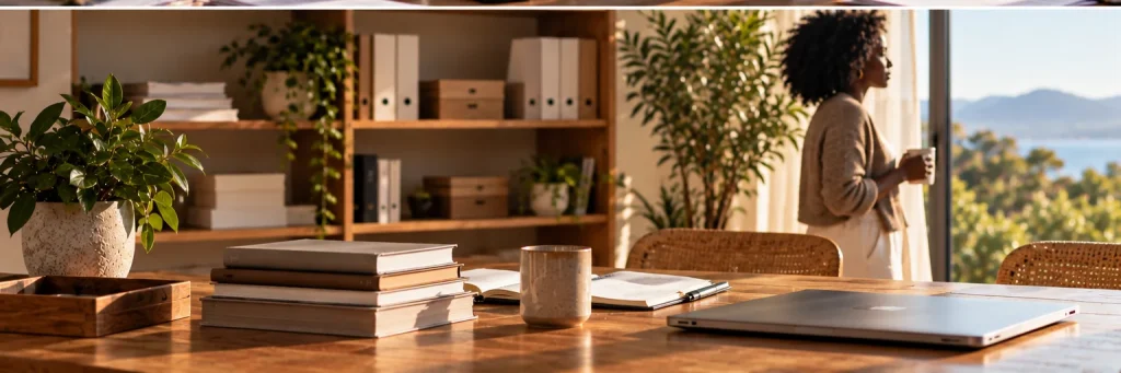 Organised workspace with a Black woman with natural Type 4 hair stepping away in the background, representing work continuing with less dependence on the founder.