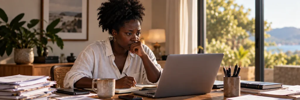 Black woman founder with natural Type 4 hair at a desk surrounded by active work inputs, representing business decisions and knowledge concentrated around the founder.